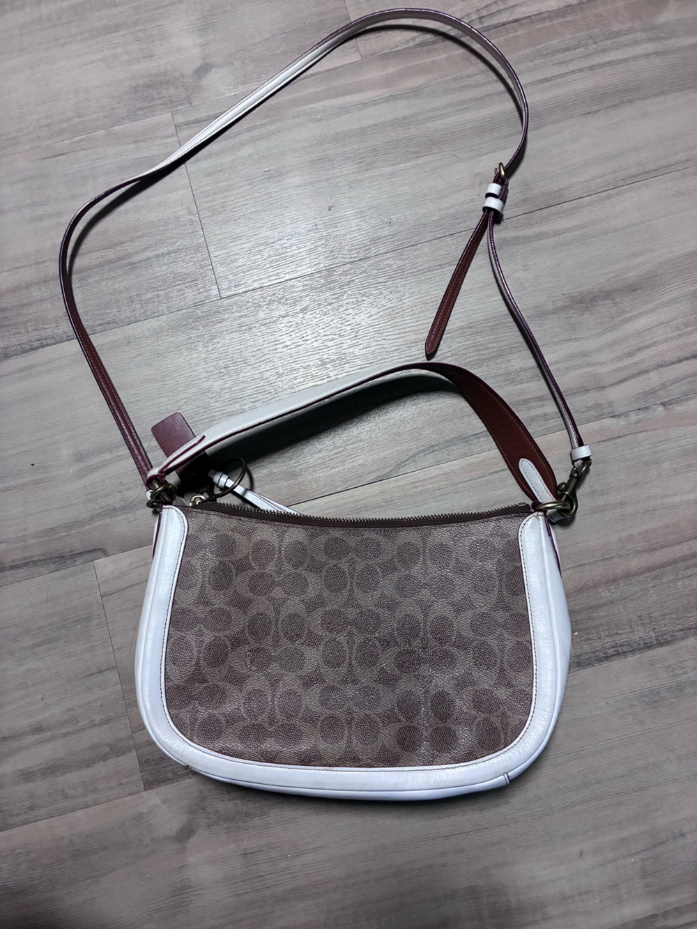 Coach Brown Signature Canvas Shoulder Bag with White Trim